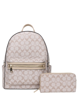 2 In 1 Oval Pattern Zipper Backpack with Wallet Set 008-8578-W TAUPE